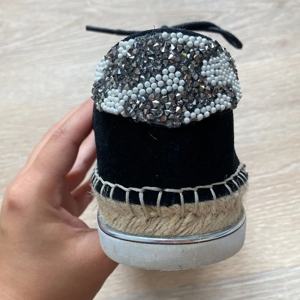 Black laser cut suede espadrille sneakers with embellishment